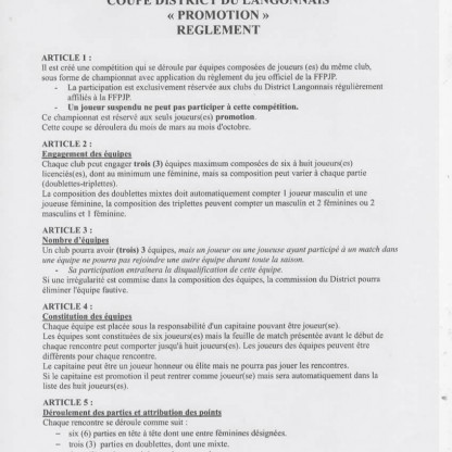 règlement coupe district féminin, vétérans et promotion
